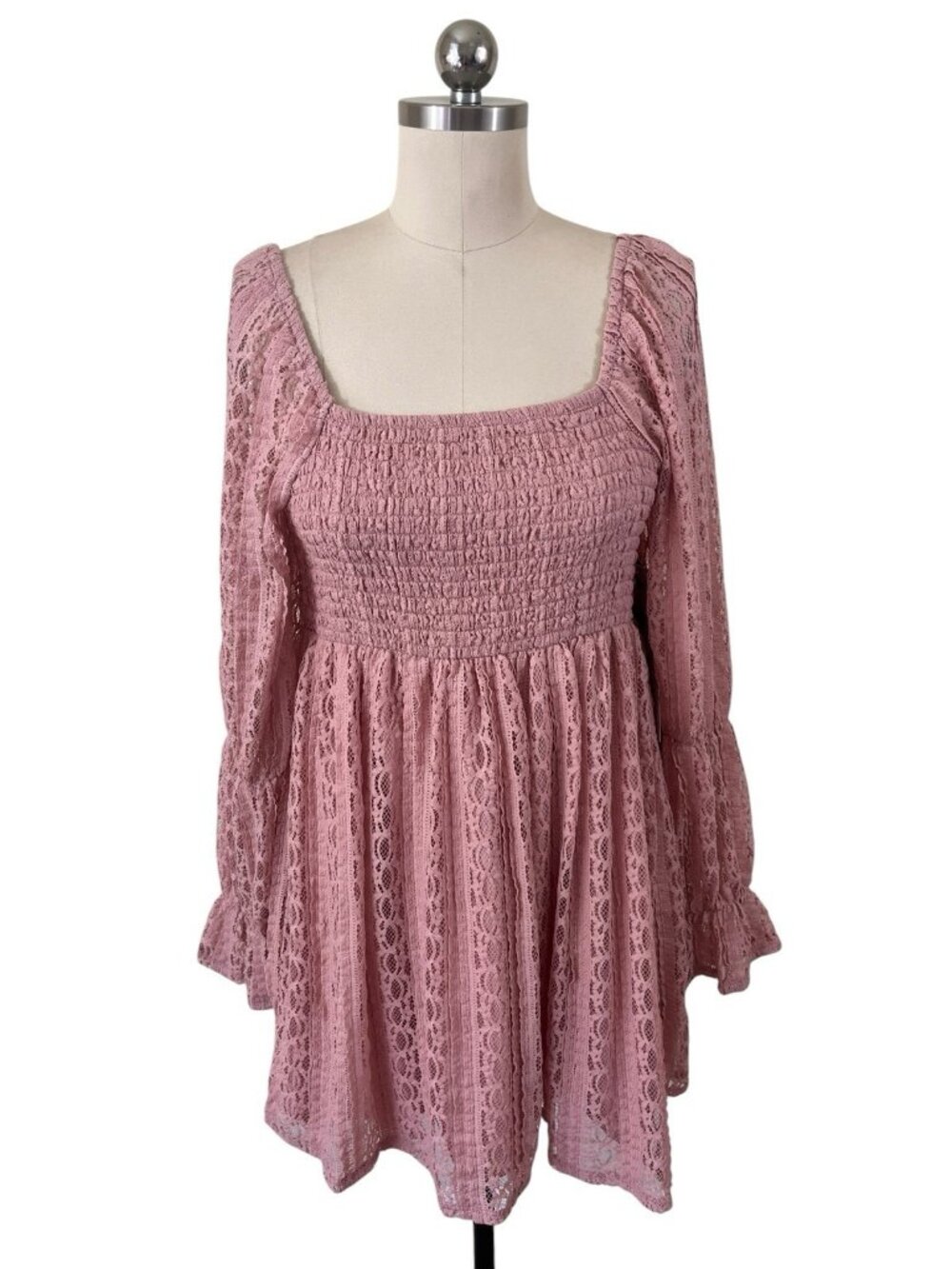 Celebrity Pink Lace Smocked Mini Dress Womens Large Long Sleeve Cottage Fairy